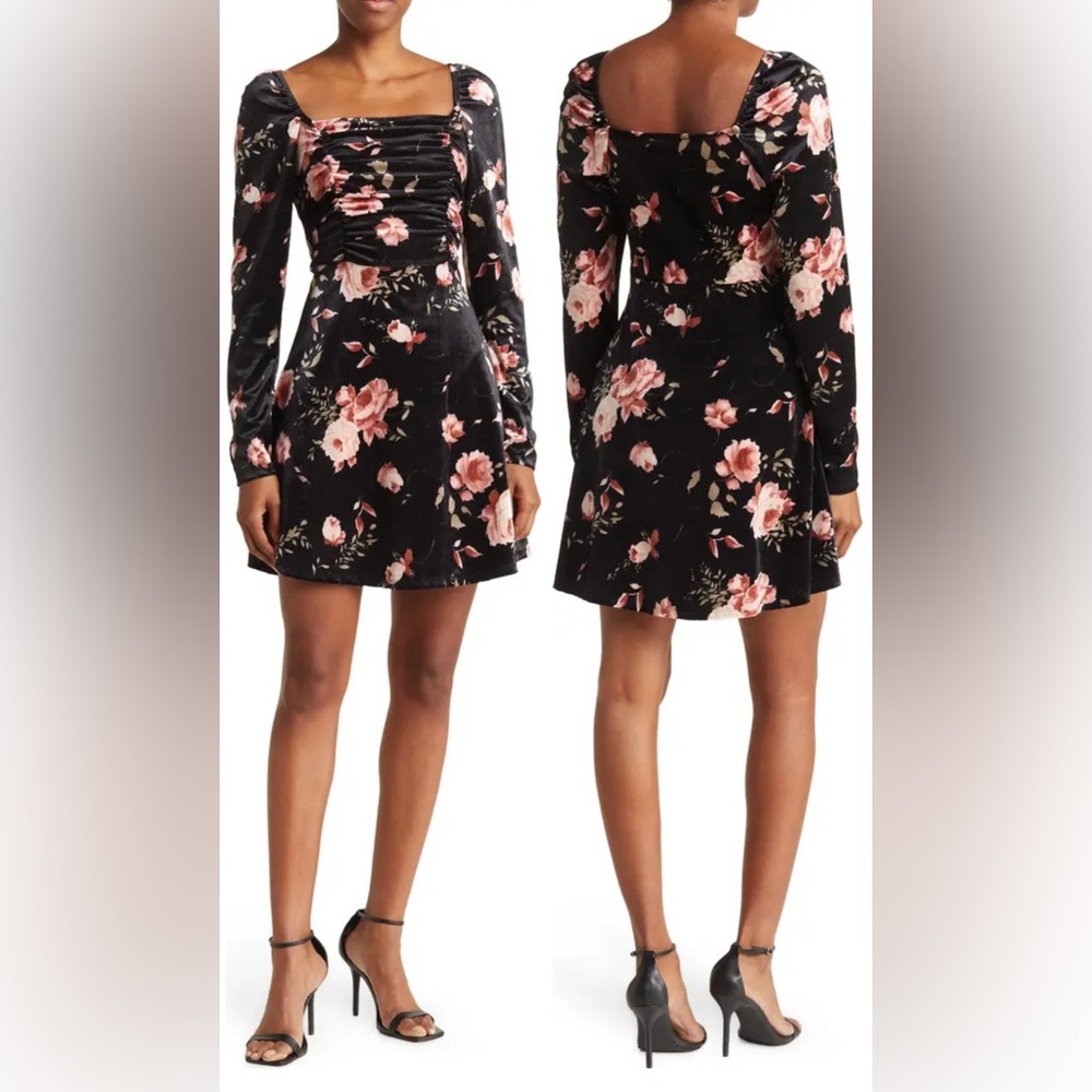 Good Luck Gem Womens Short A Line Black Velvet Dress with Floral Design Size S